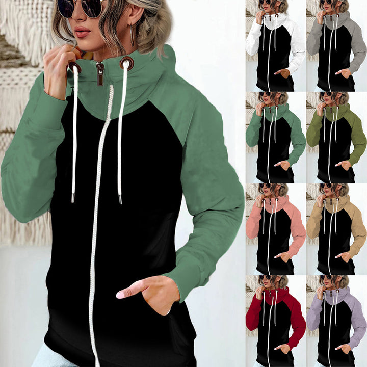 Women's hooded jacket with high stand-up collar, full-length zipper, and raglan sleeves Mune Fashion