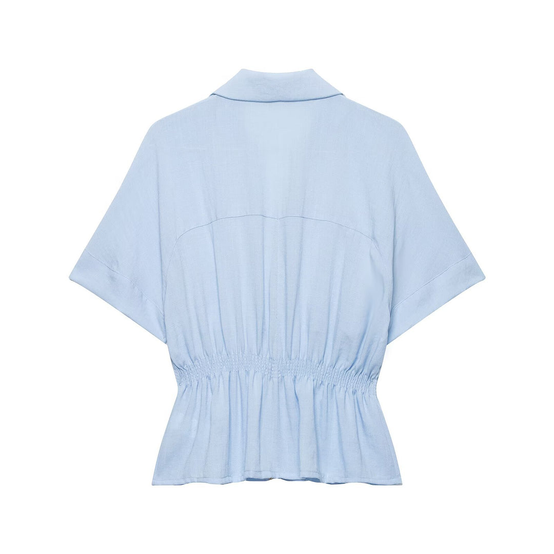 Ladies Short-Sleeved Tailored Blouse Jacket with Zipper and Breast Flaps Drune