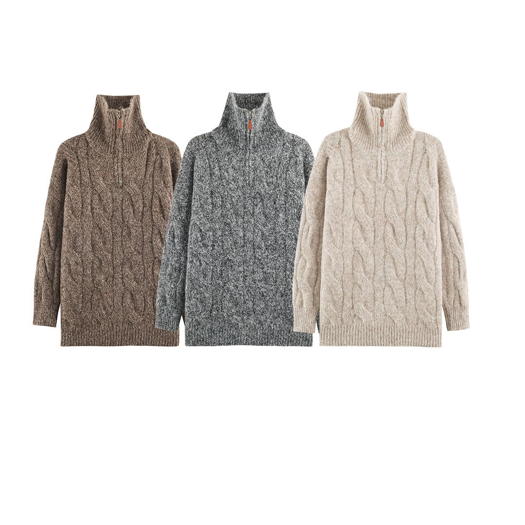 Women's Chunky Knit Long Sweater with Cable Pattern and Half-High Zip Collar Mune Fashion