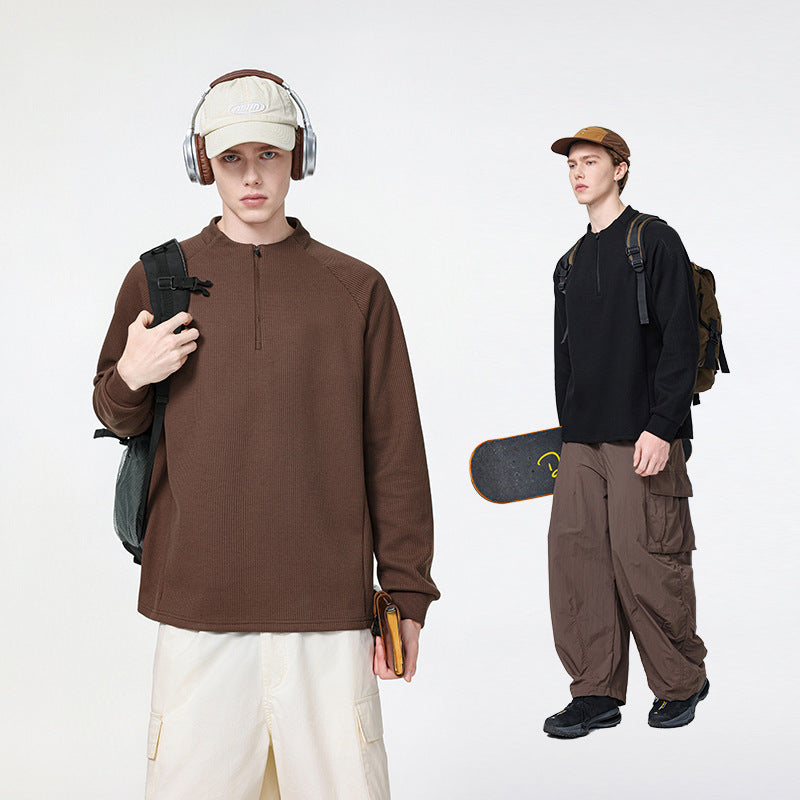 Men's waffle structure half-zip pullover with stand collar and relaxed fit Drune