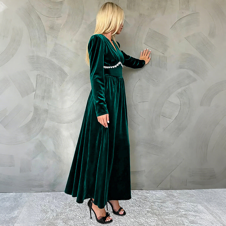 Women Elegant Maxi Dress with V-Neck and Ruffles Mune Fashion