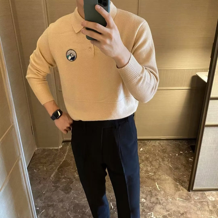 Men's Polo Collar Fine Knit Sweater with Emblem and Ribbed Cuffs Mune Fashion
