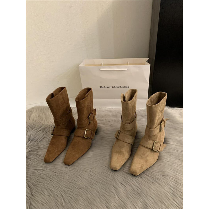 Damen Biker-inspirierte Mid-Boots aus Velourslederoptik mit spitzer Kappe und verstellbaren Gürtelschnallen Mune Fashion