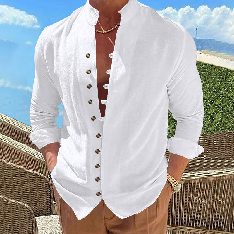 Men's long-sleeved stand-collar shirt made from a lightweight linen-viscose blend with asymmetric decorative button placket Mune Fashion