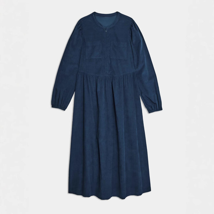 Women's Long Cord Dress with Gathered Waist Seam, Chest Pockets and Short Zipper at the Top