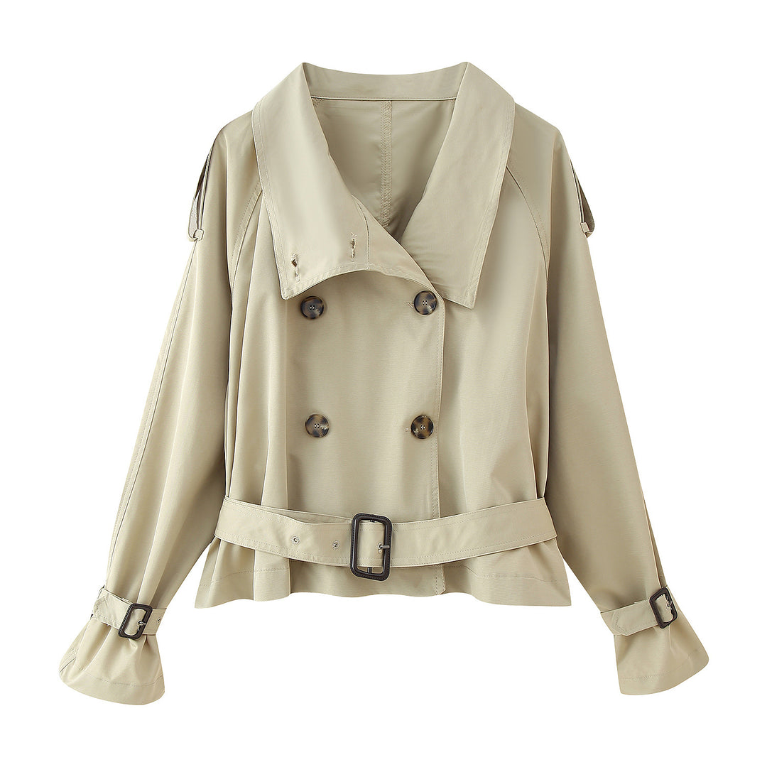 Ladies short cut double-breasted trench coat with wide shawl collar, tailored belt and adjustable sleeve straps Mune Fashion