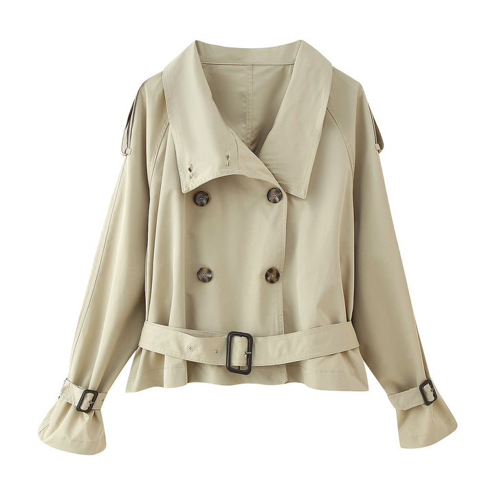 Ladies short cut double-breasted trench coat with wide shawl collar, tailored belt and adjustable sleeve straps Mune Fashion