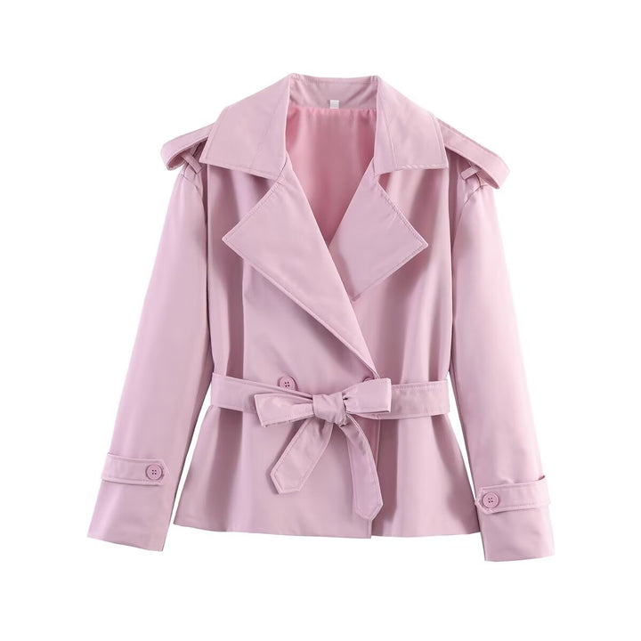Women short trench coat with waist belt, double-breasted front and shoulder flaps Mune Fashion