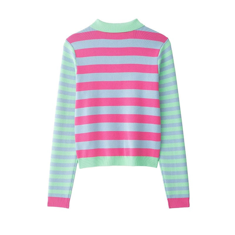 Women's Striped Short Knit Jacket with Polo Collar, Contrasting Button Placket and Ribbed Cuffs Mune Fashion