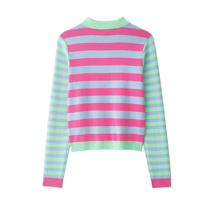 Women's Striped Short Knit Jacket with Polo Collar, Contrasting Button Placket and Ribbed Cuffs Mune Fashion