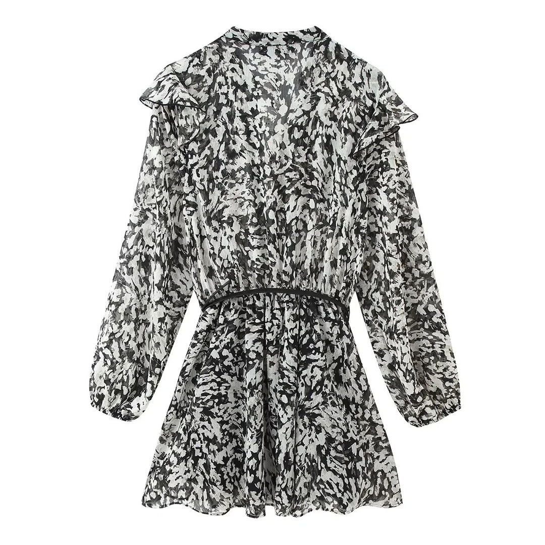Women’s floral flounce chiffon mini dress with ruffled V-neck, elastic waist and delicate belt Mune Fashion