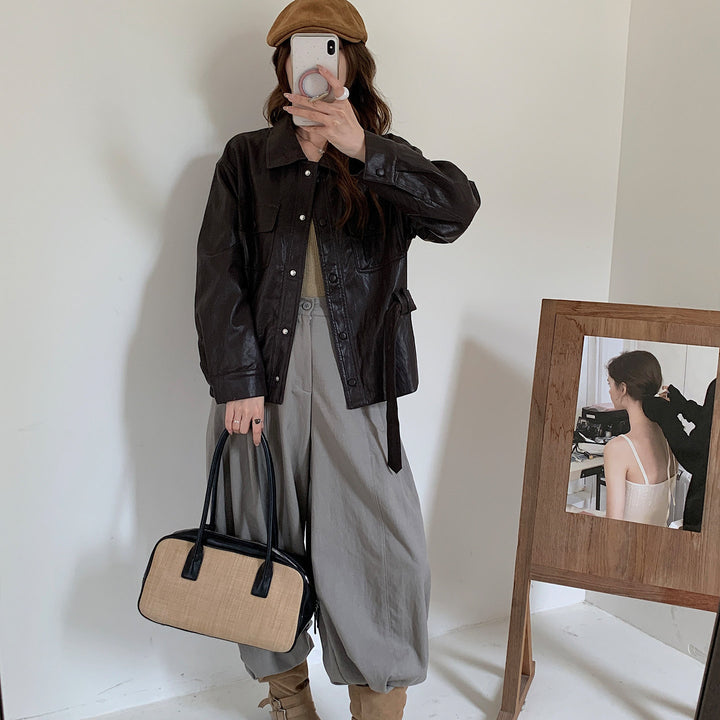 Women's Short Oversized Leather Jacket with Waist Drawstring and Snap Button Placket Mune Fashion