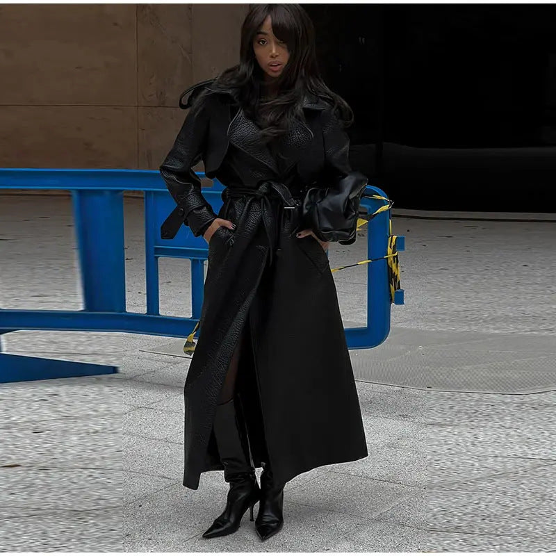 Women's Oversized Faux Leather Trench Coat with High Collar and Removable Belt Mune
