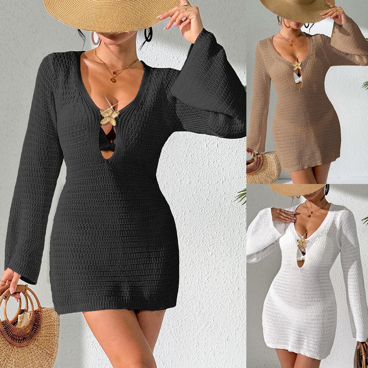 Women's crocheted beach dress with elegant V-neck and long sleeves Mune Fashion