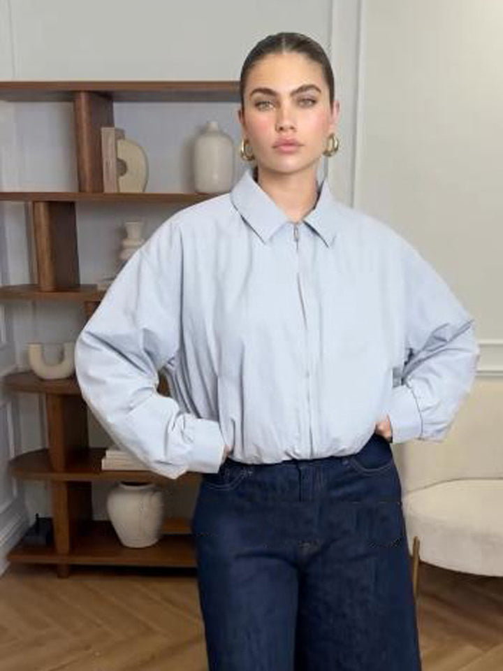 Women's Short Boxy Shirt Jacket with Zipper and Elastic Hem Mune Fashion