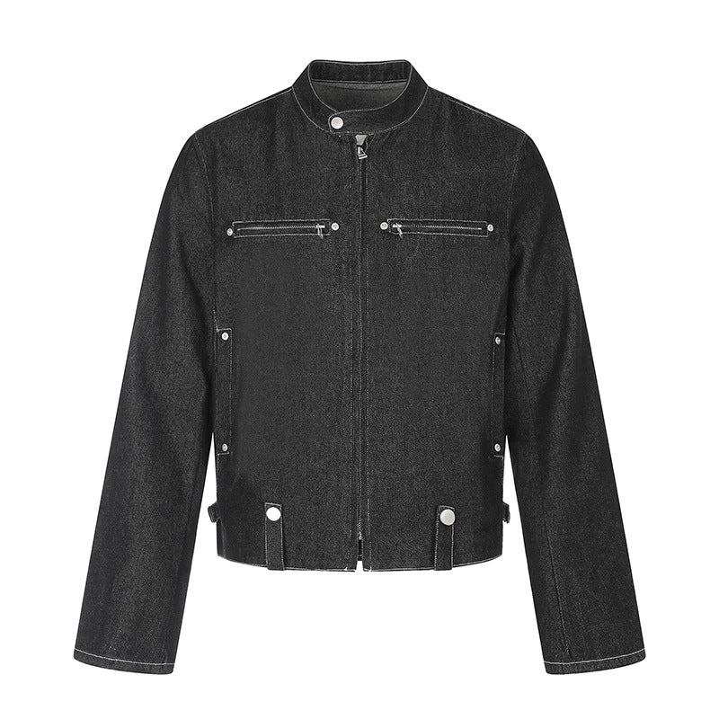 Women's short denim biker jacket with stand-up collar, zipper and snap button details Mune Fashion