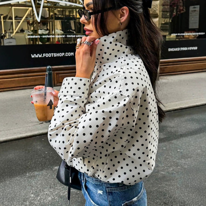 Women's Polka Dot Oversized Bomber Jacket made of lightweight cotton blend with stand-up collar and zipper Mune Fashion
