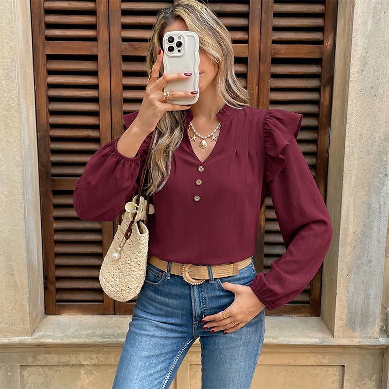Women's ruffle blouse with stand-up collar, V-neck and decorative button placket Mune Fashion