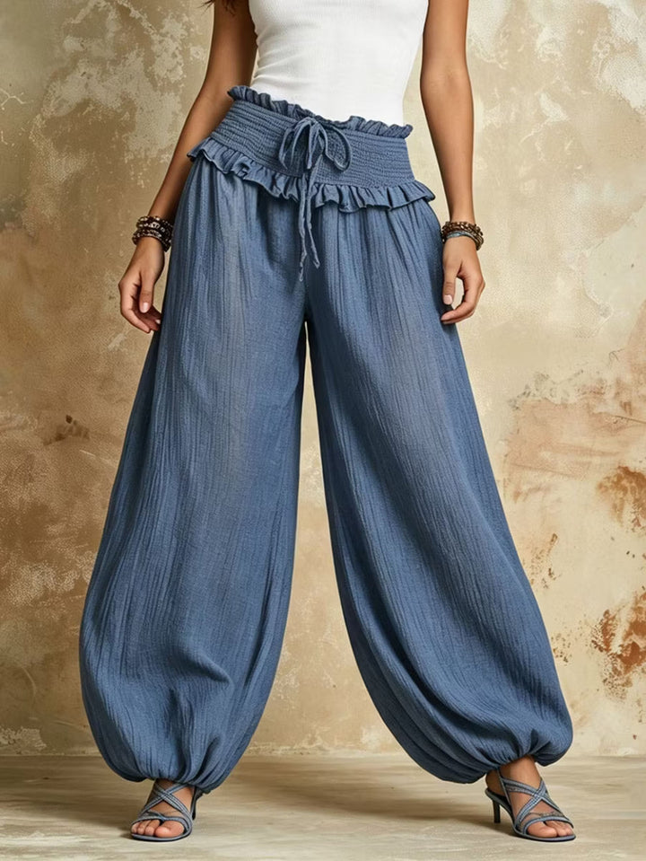 Women Wide Harem Pants with Gathered Smock Waistband and Elastic Ankle Closures Mune Fashion