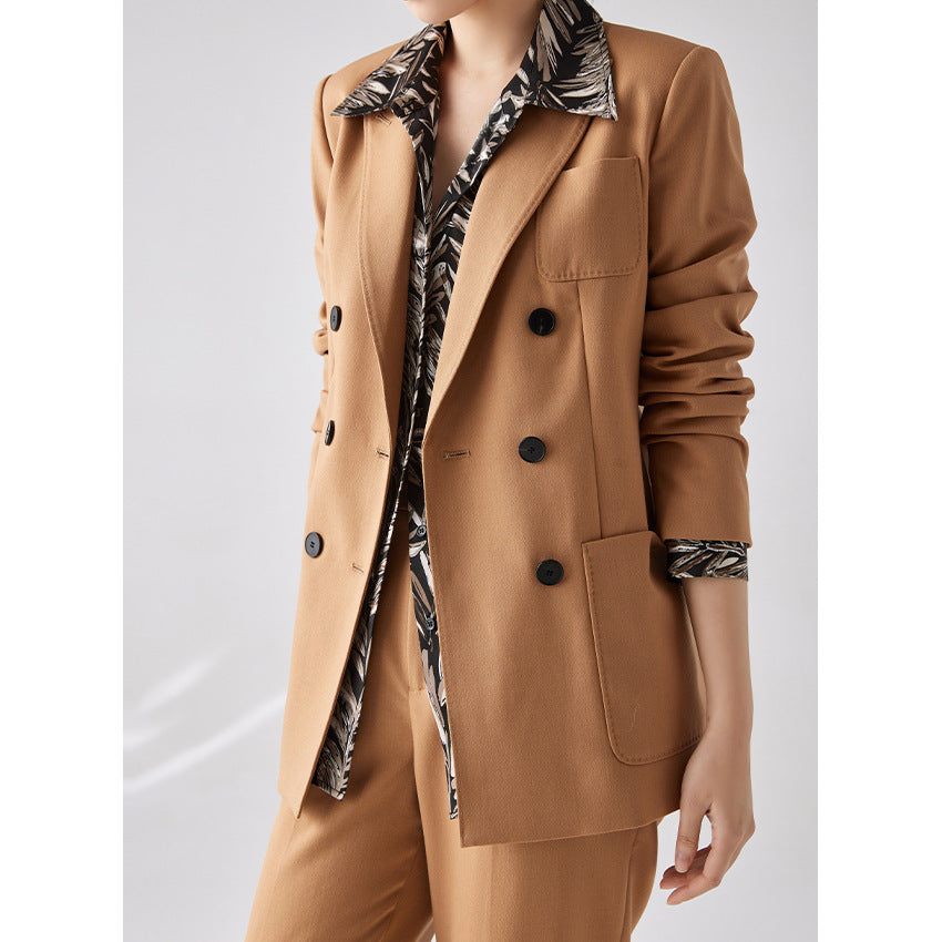 Women's Double-Breasted Blazer-Pants Set made of Wool Blend with Casual Oversized Blazer and High-Waisted Pleated Trousers Mune Fashion