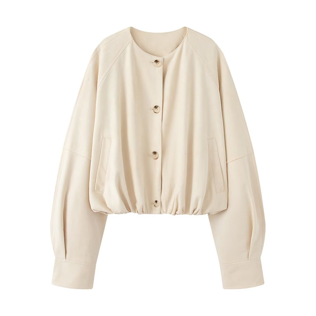 Women's short jacket in velour look with round neckline, balloon sleeves, and elastic hem Mune Fashion