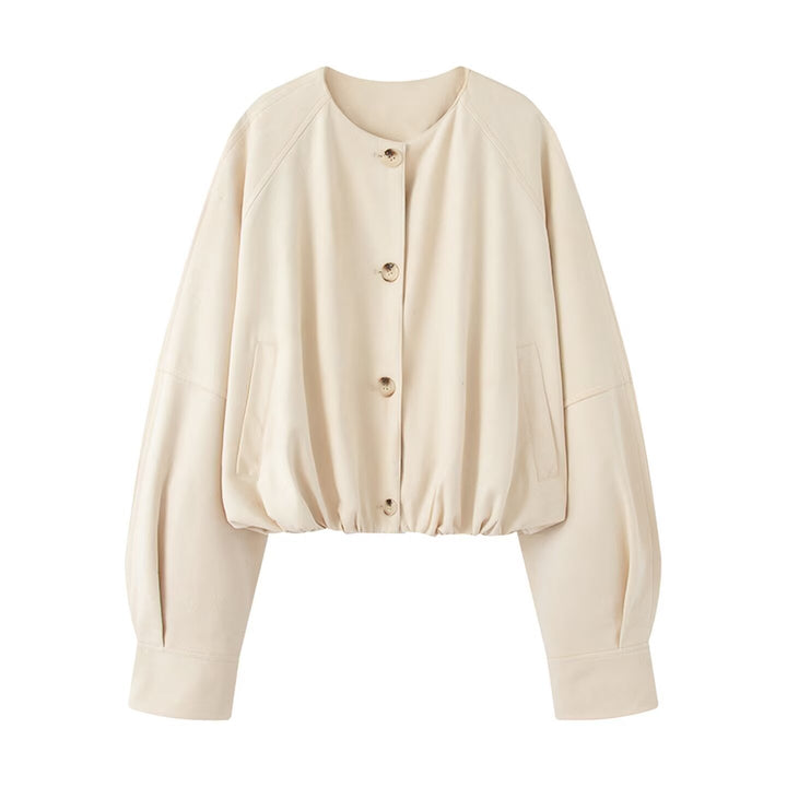 Women's short jacket in velour look with round neckline, balloon sleeves, and elastic hem Mune Fashion