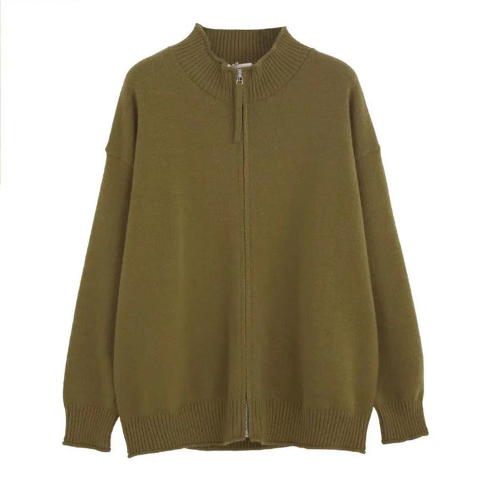 Women Leisure Cardigan with High Collar and Zipper Mune Fashion