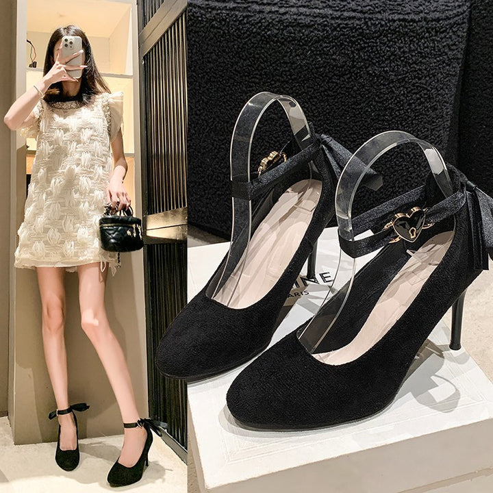 Women's velvet-look pumps with satin ankle straps, heart clasp, and slim stiletto heel