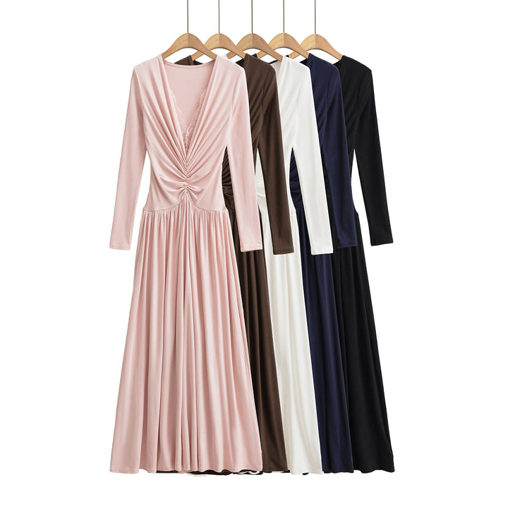 Women Maxi Dress with Ruched Wrap Top, Deep V-Neck and Lace Trim Mune Fashion