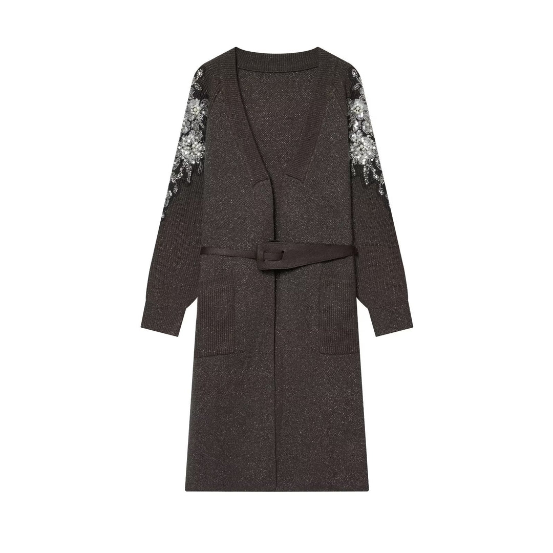 Women's Long Knit Coat-Cardigan with Waist Belt and Sequin Sleeves Mune Fashion