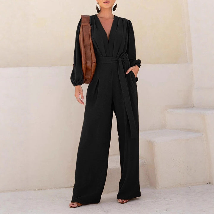 Women's Elegant Palazzo Jumpsuit with Deep V-Neck, Tie Belt and Balloon Sleeves Drune