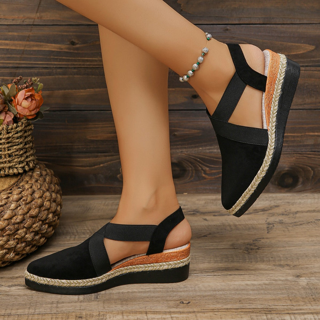 Women's velour slingback wedge with pointed toe cap, braided jute band, and cushioned outsole Mune Fashion