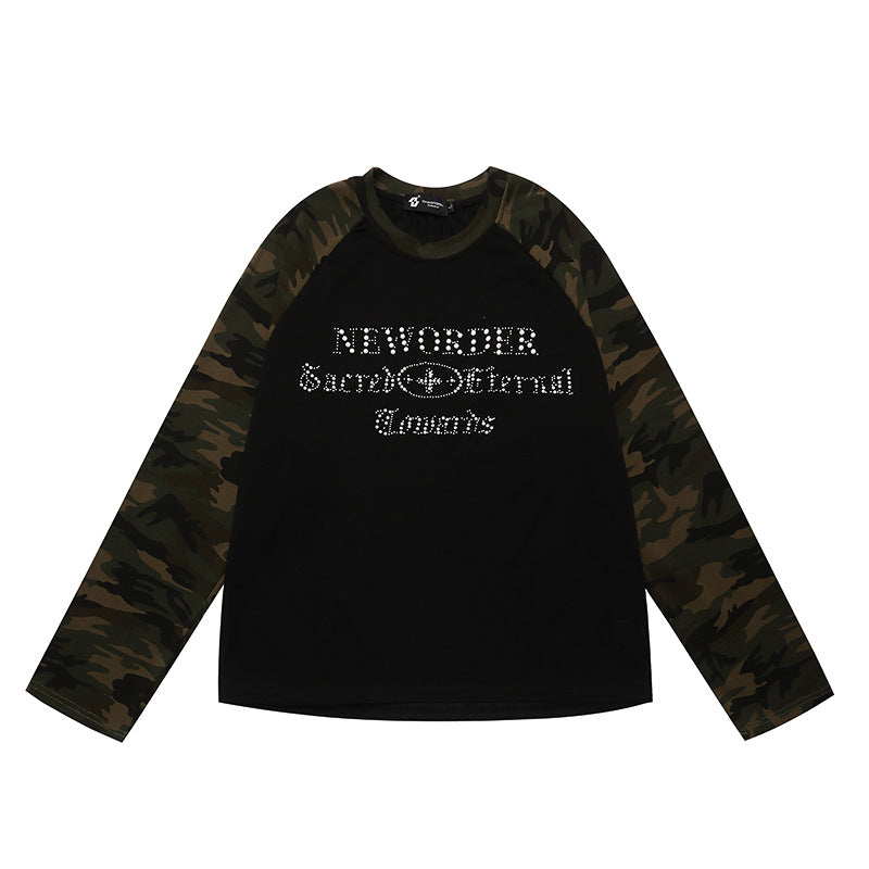 Women's Long Sleeve Shirt with Camouflage Raglan Sleeves and Rhinestone Logo Print Mune Fashion