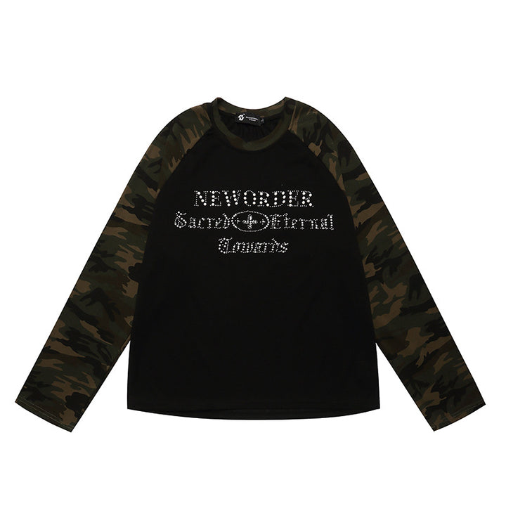 Women's Long Sleeve Shirt with Camouflage Raglan Sleeves and Rhinestone Logo Print Mune Fashion