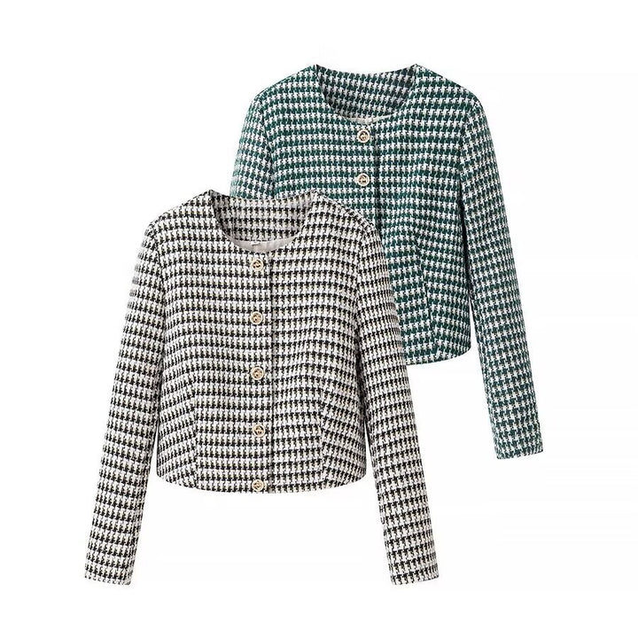 Women Tailored Boucle Short Blazer with Houndstooth Pattern and Decorative Buttons Mune Fashion