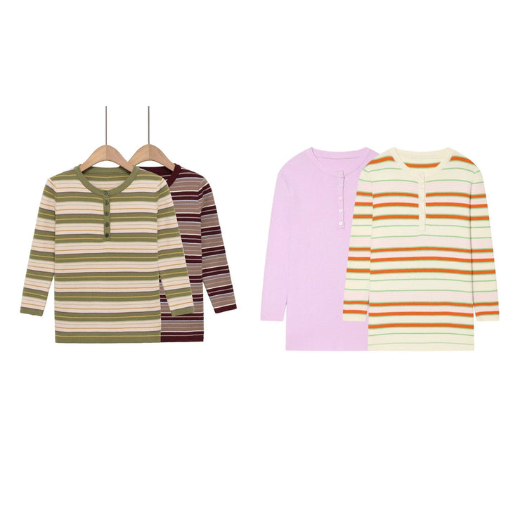 Women Striped Ribbed Henley Shirt with Button Placket and Slim Fit Mune Fashion