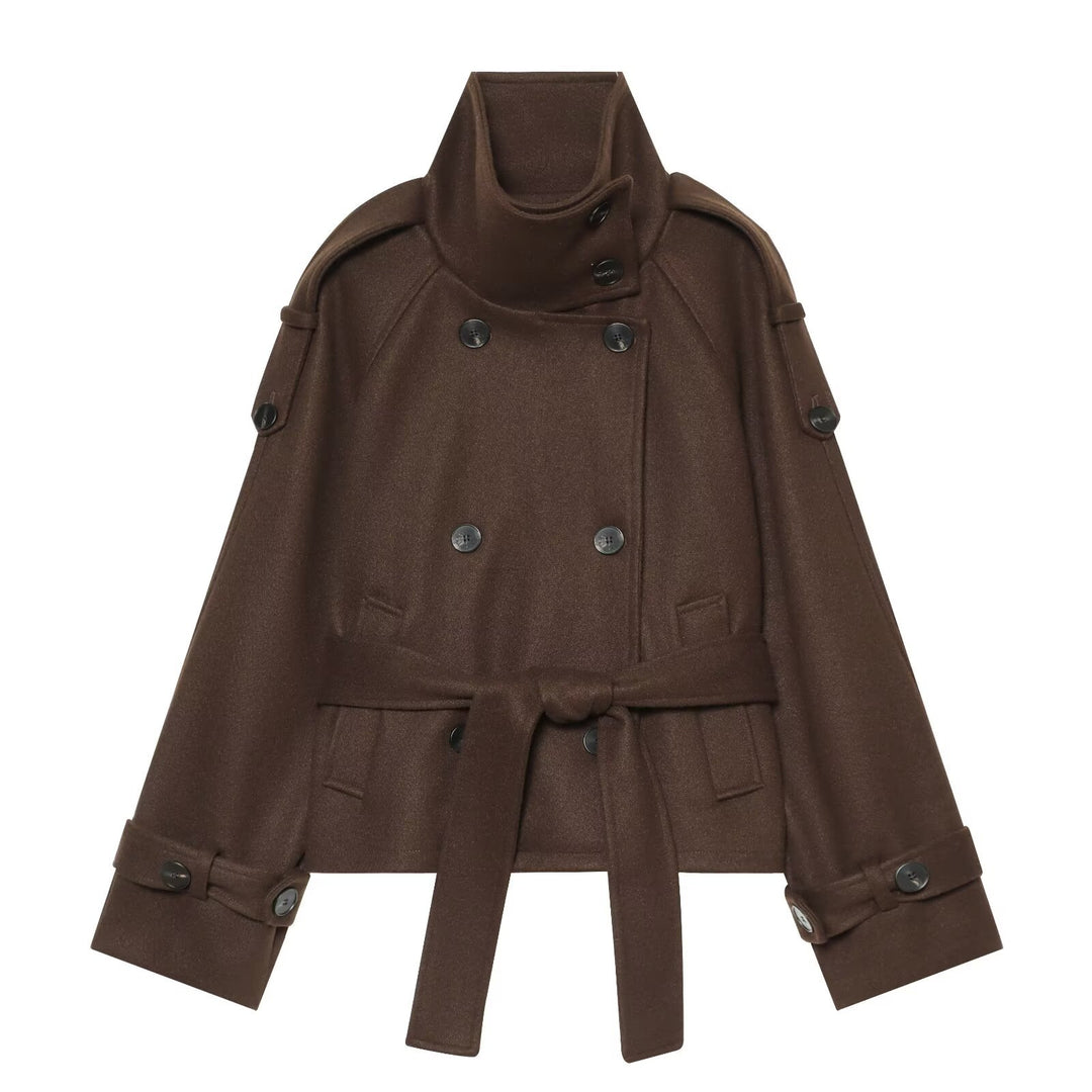 Ladies short cape jacket made of wool blend with high standing collar, double-breasted and tie belt Mune Fashion