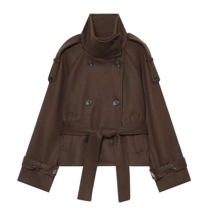 Ladies short cape jacket made of wool blend with high standing collar, double-breasted and tie belt Mune Fashion