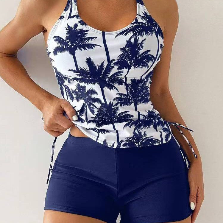 Ladies Sporty Tankini Set with Fashionable Palm Print and High Waist Mune Fashion