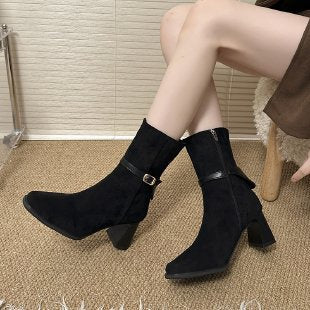 Women's ankle boots with pointed toe, side zipper, decorative strap, and comfortable block heel Mune Fashion