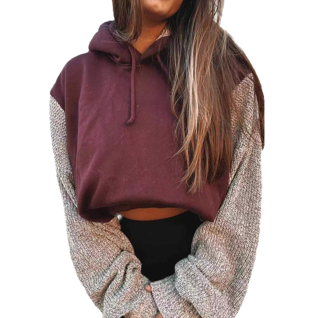 Women's Hooded Cropped Pullover with Wide-Cut Knitted Sleeves and Drawstring Mune Fashion