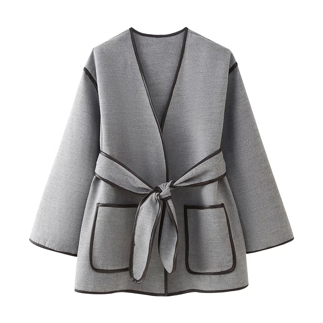 Ladies Nan Oversized Kimono Wrap Coat with Belt and Contrast Piping Mune Fashion