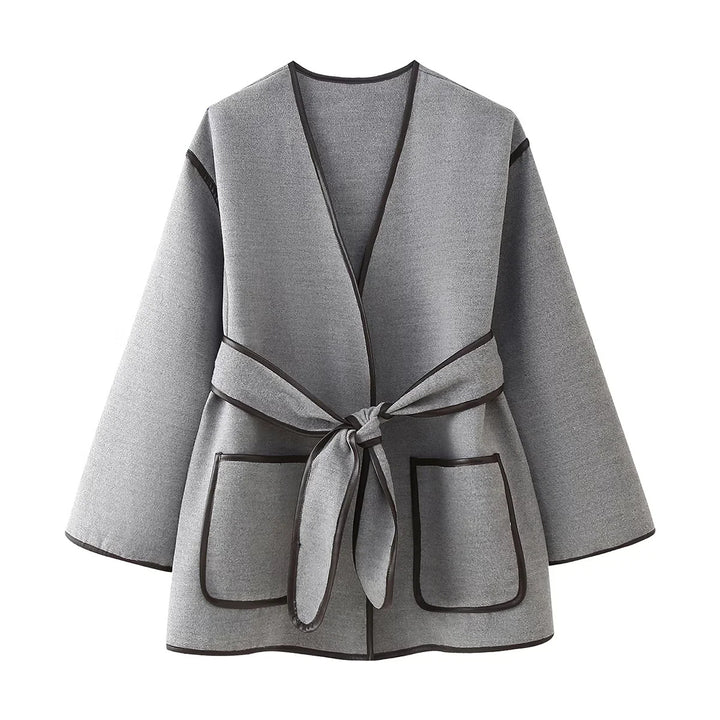 Ladies Nan Oversized Kimono Wrap Coat with Belt and Contrast Piping Mune Fashion