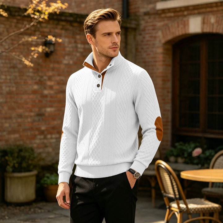 Men's Cable Knit Jumper with Stand-Up Collar and Leather Look Elbow Patches Mune Fashion