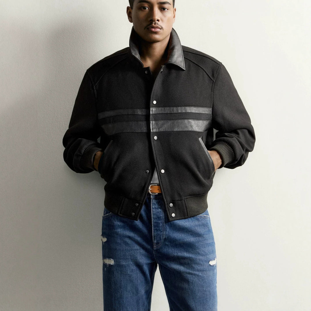 Men's short bomber jacket in vintage style with contrasting leather trim and ribbed cuffs Mune Fashion