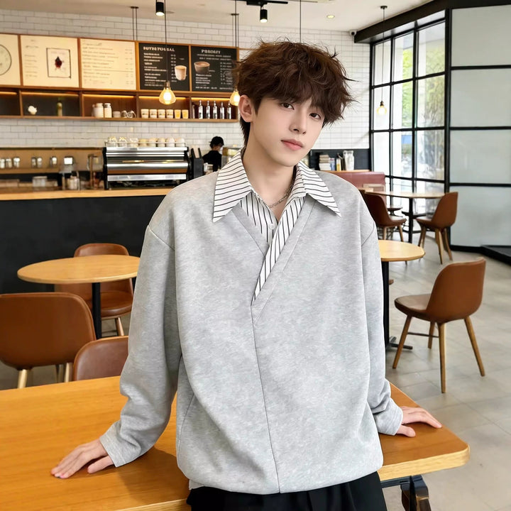 Men's Oversized Sweater with Integrated Shirt Collar and V-Overlap Sleeve