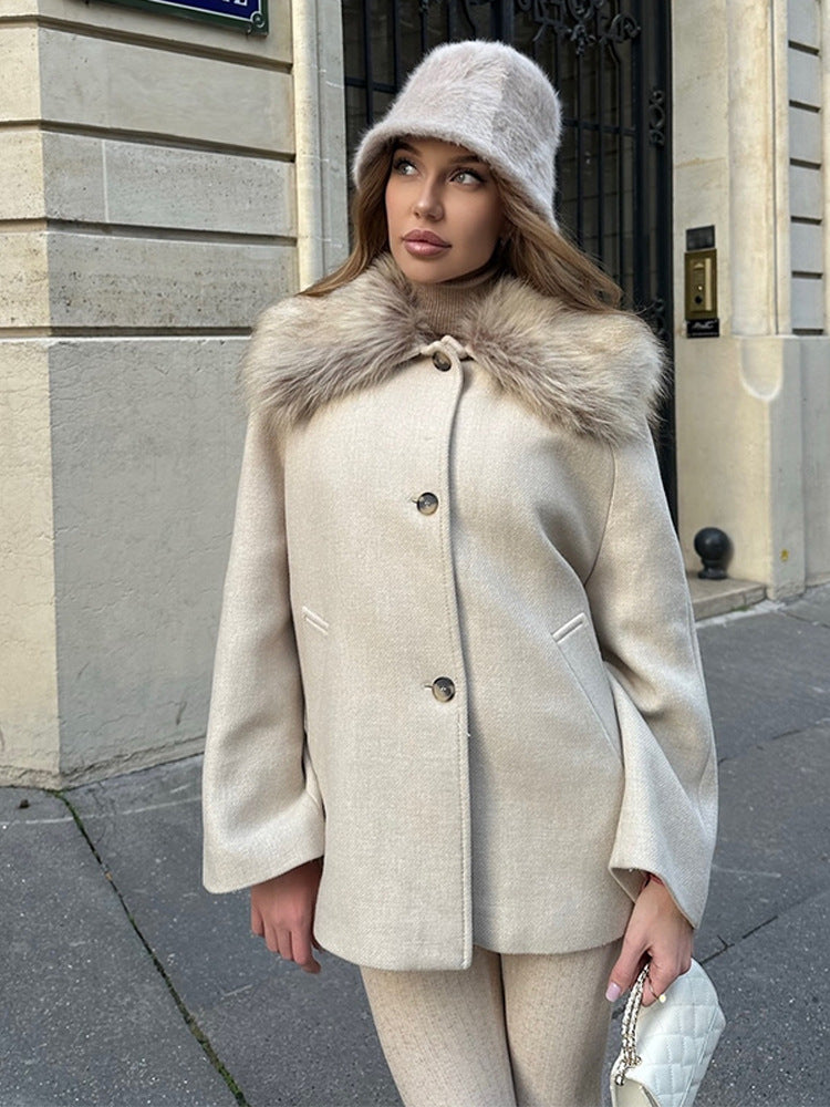 Women's short coat with faux fur shawl collar & boxy oversized silhouette Mune Fashion