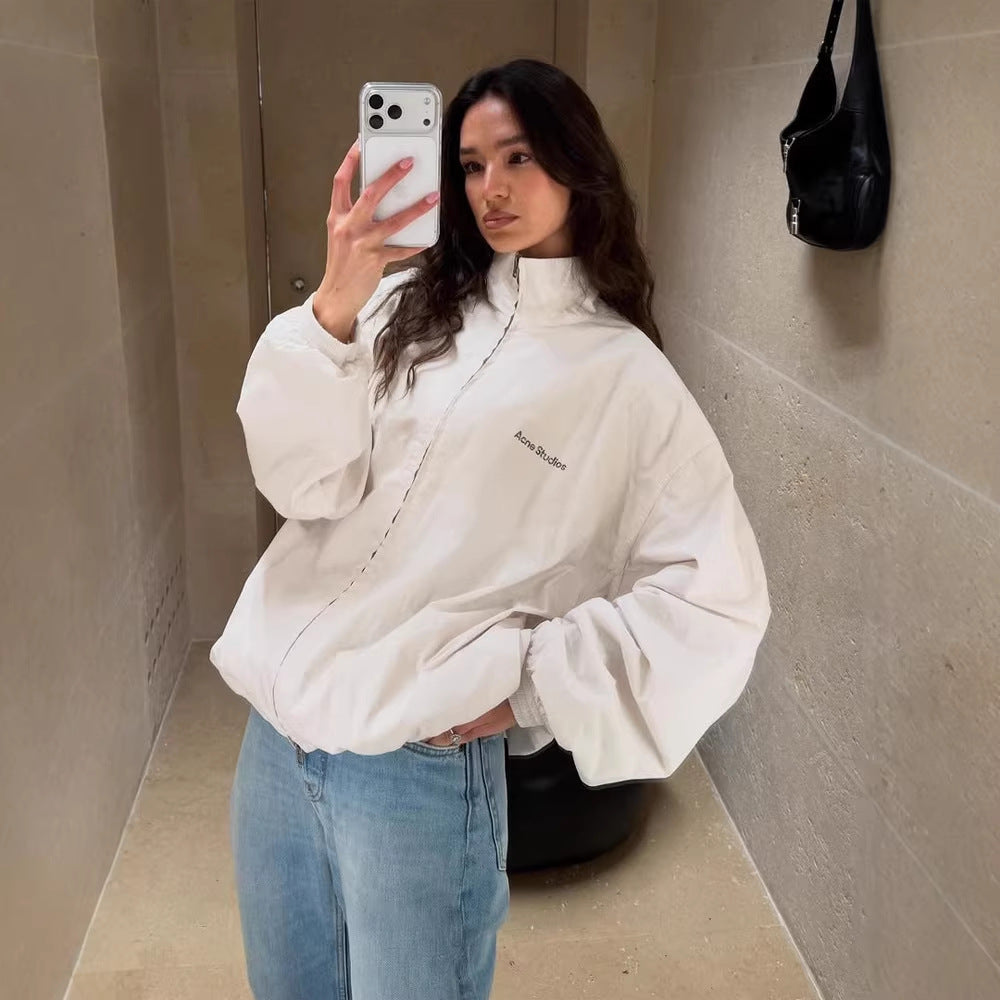 Women's Padded Boxy Jacket in Cropped Cut with Stand-up Collar and Concealed Fastening Placket Mune Fashion