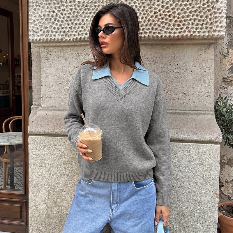 Women's fine knit polo sweater with contrasting shirt collar and V-neck Mune Fashion