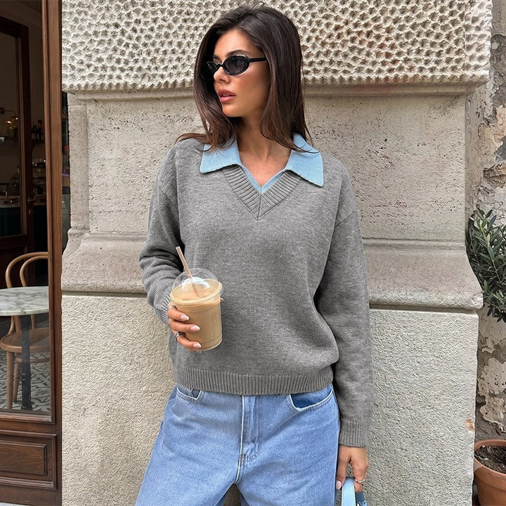 Women's fine knit polo sweater with contrasting shirt collar and V-neck Mune Fashion